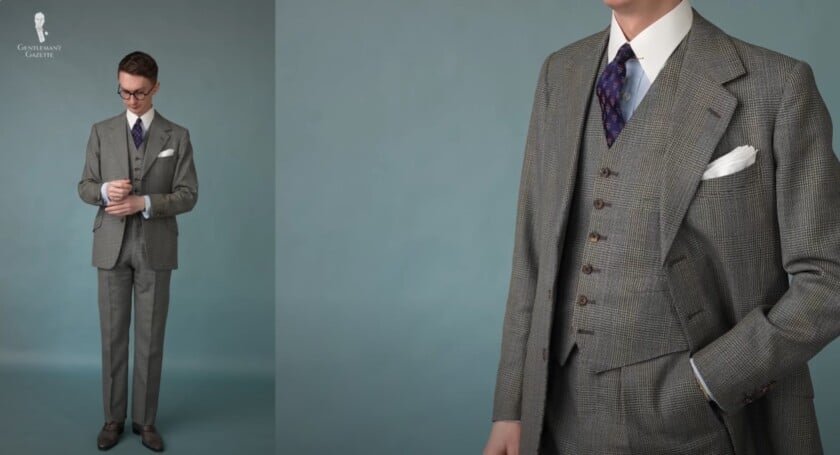 Jack portant un costume trois pièces vintage des années 1970 à Reid & Taylor Mingled Wool Check, stylisé avec une chemise bleu poudre, un col détachable blanc, une cravate vintage et des accessoires de Fort Belvedere.
