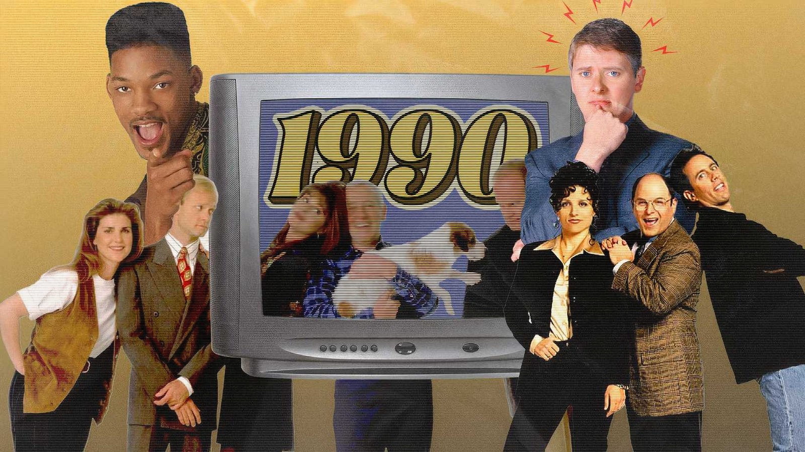 Collage avec des sitcoms des années 1990 autour d'une vieille télévision.