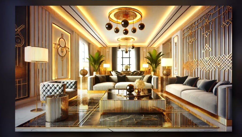 Art déco Salon Gilded Pâlettes Modern Chandeliers Salon art déco doré avec panneaux muraux géométriques et lustres orbes modernes.