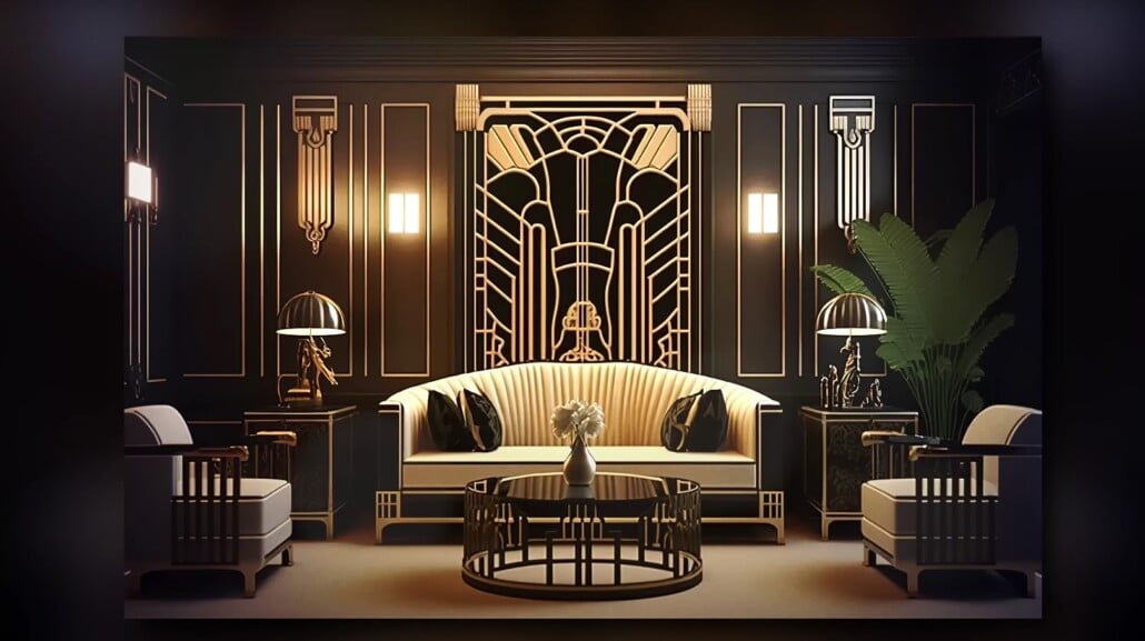 Art déco du salon Sofa Sofa Gold Accents Salon art déco avec canapé à dos d'obus, chaises en velours et accents d'or.