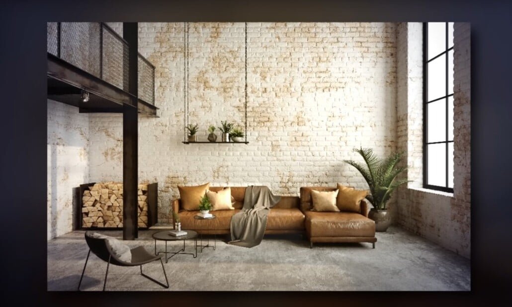 Sofa en cuir marron mural industriel Salon industriel avec murs de briques blancs exposés, canapé en cuir marron et étagère suspendue.