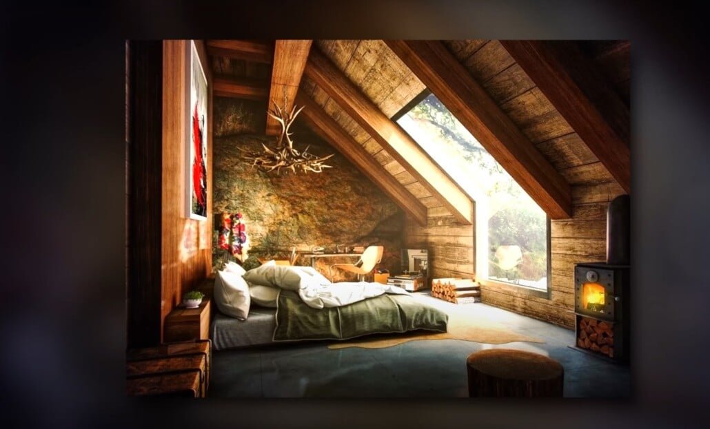 Plafond en bois rustique Chambre de grenier rustique avec plafond en bois, lustre en bois et cheminée