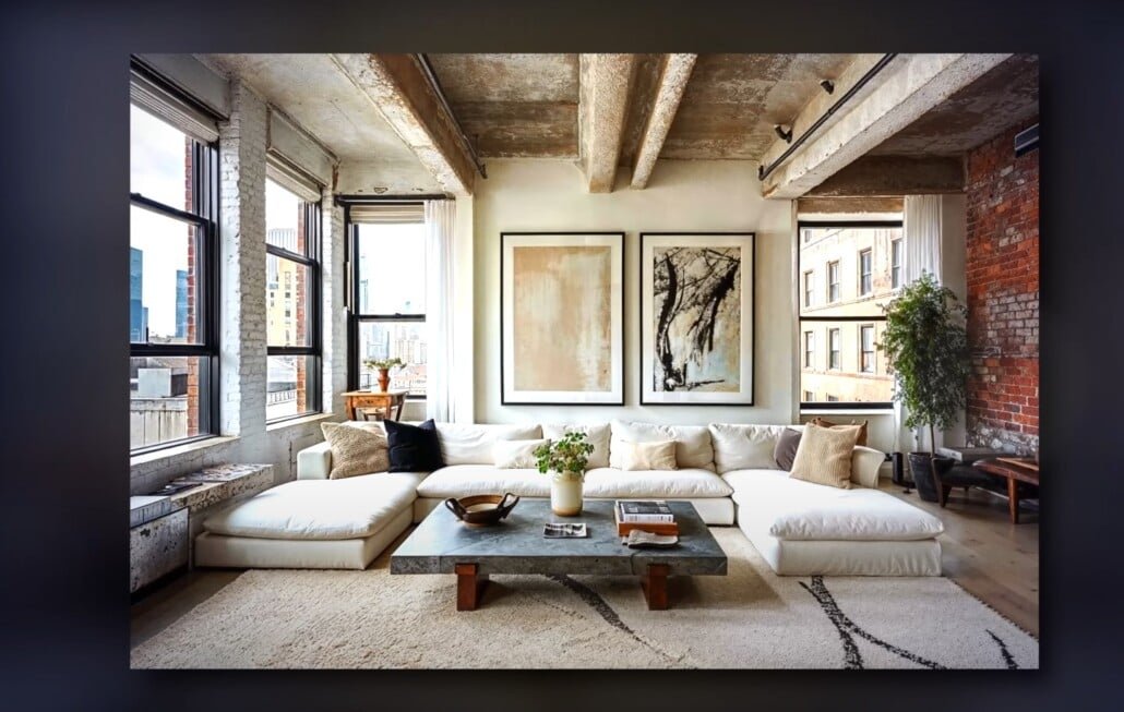 Poutres exposées du canapé blanc exposé au grenier industriel Loft industriel brillant avec poutres en béton exposées, canapé en coupe blanc et grandes fenêtres.