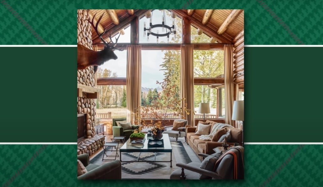 Salon rustique en rondins Salon rustique en rondins avec de grandes fenêtres, cheminée en pierre et cerf monté