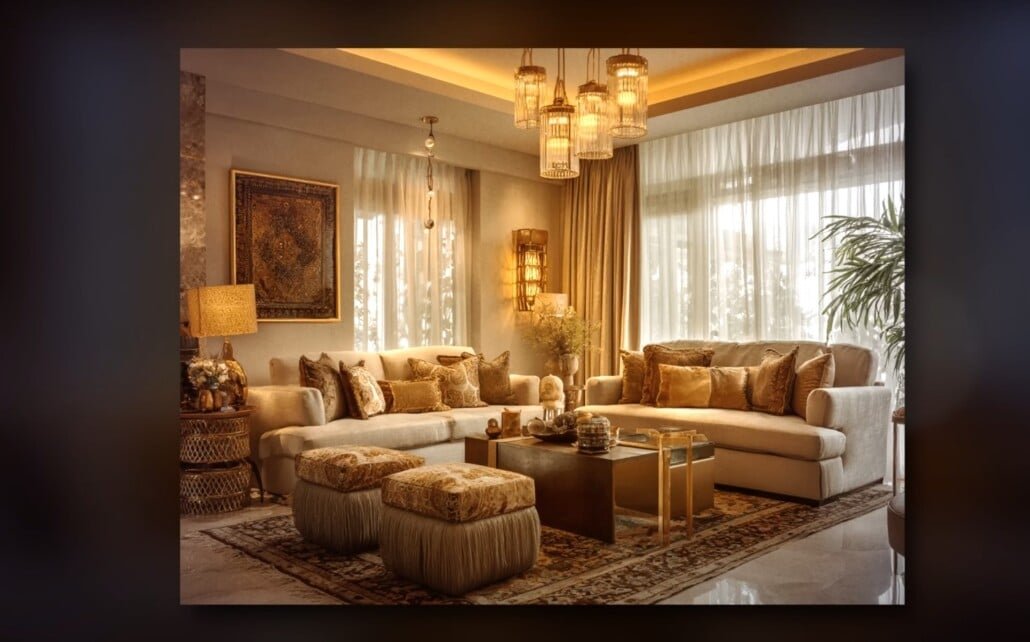 Salon doré traditionnel Salon traditionnel avec éclairage doré, canapés en peluche et tapis à motifs.