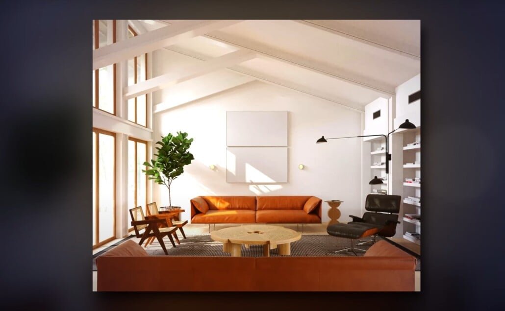 Salon moderne minimal du milieu du siècle Salon moderne minimal du milieu du siècle avec canapé en cuir orange, accents de bois et grandes fenêtres.