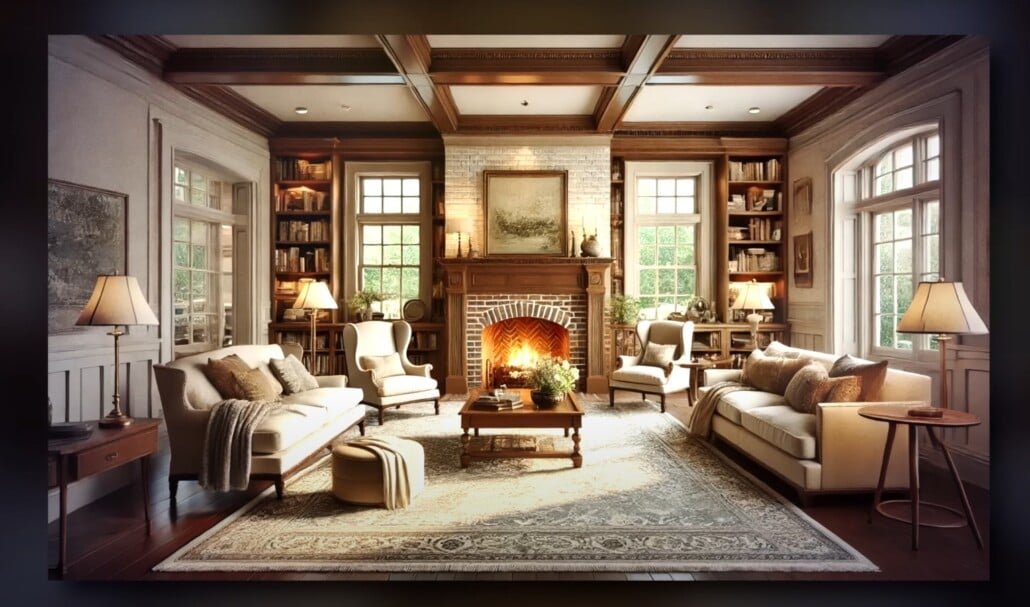 Salon traditionnel de cheminée Salon traditionnel avec cheminée, chaises à oreilles et plafond à caissons.