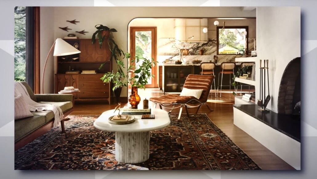 Salon moderne du milieu du siècle chaise en cuir marron Salon moderne du milieu du siècle avec un salon en cuir marron, un buffet rétro et un tapis vintage.