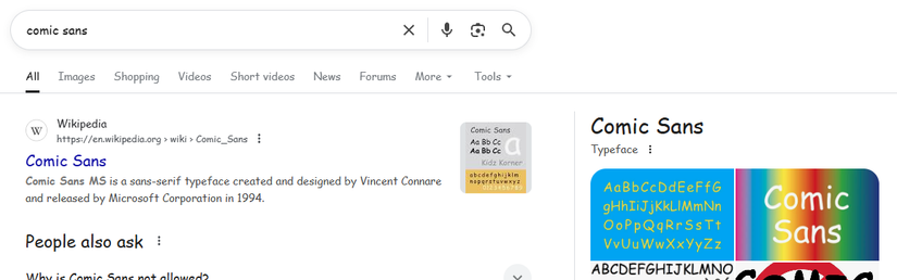 Le résultat d'une recherche Google pour Comic Sans.