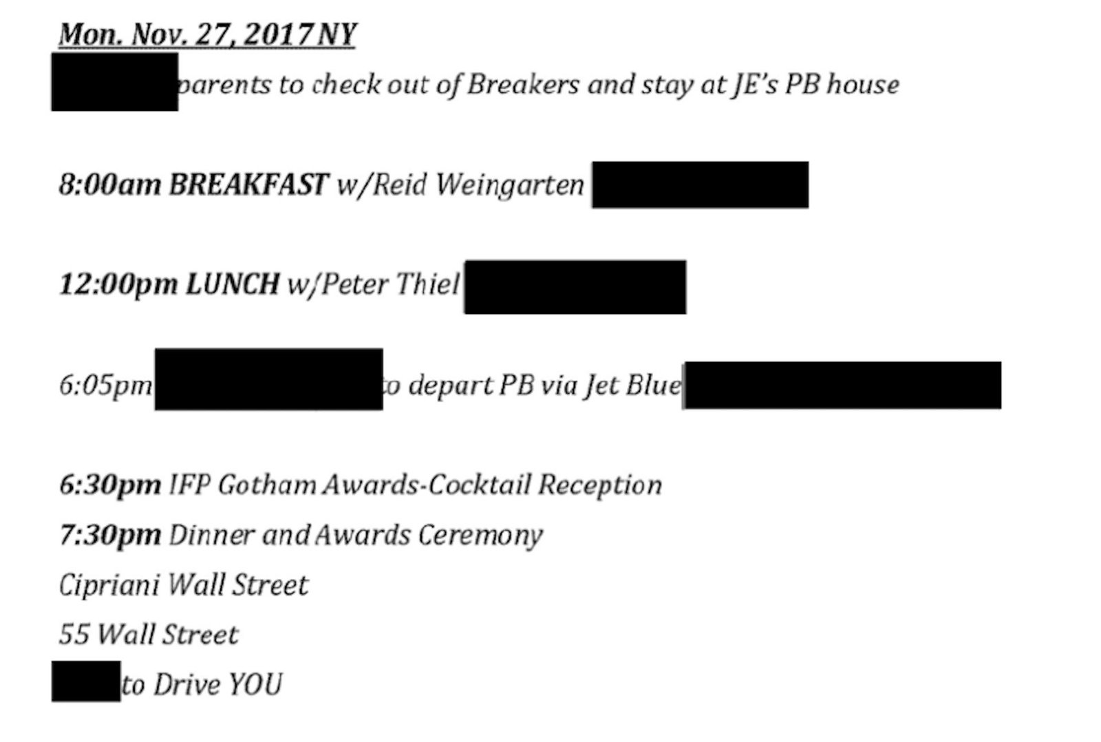Extrait d'un document publié par les démocrates de la Chambre montrant Peter Thiel sur un calendrier pour rencontrer Jeffrey Epstein.