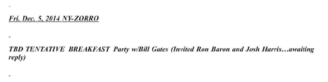 Extrait d'un calendrier de 2014 pour Jeffrey Epstein qui mentionne Bill Gates.