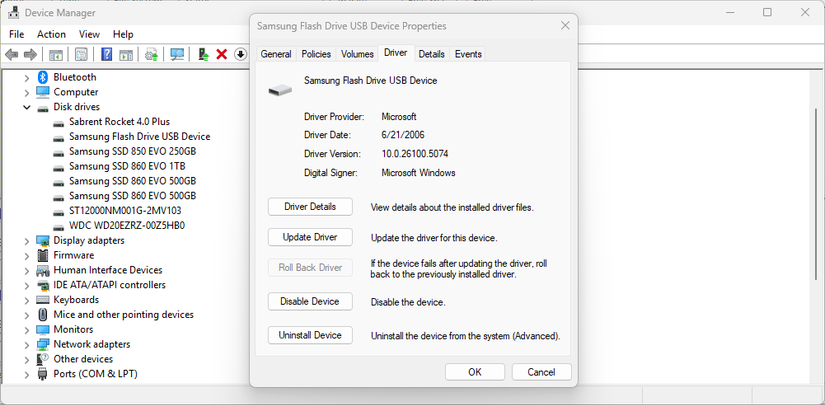 Les propriétés du périphérique USB Windows sur l'onglet Pilote.
