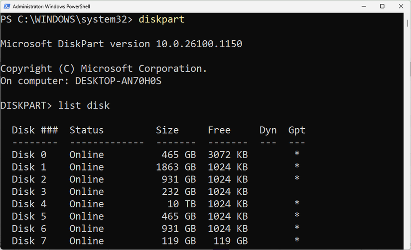 DiskPart ouvre dans PowerShell sur Windows 11.