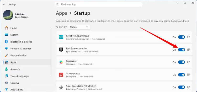 Cliquez sur la bascule à côté d'une application activée pour l'empêcher de démarrer automatiquement.