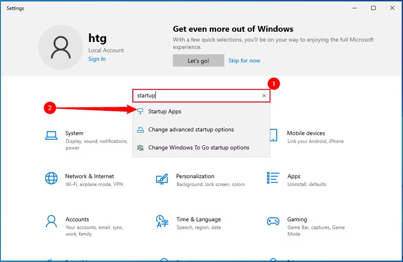 Recherche des applications de démarrage dans l'application Paramètres Windows 10.