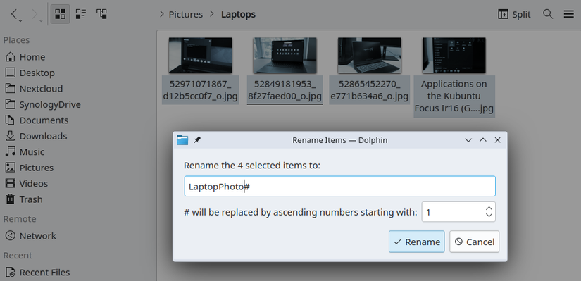 Boîte de renommée de lot de Dolphin File Manager.