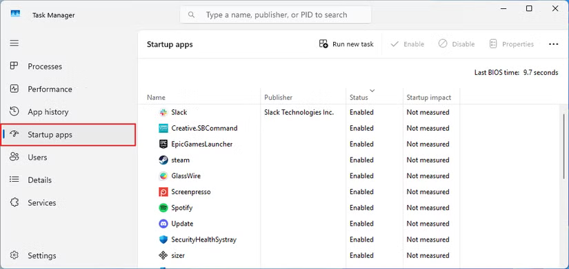 Ouvrez la fenêtre Task Manager, puis sélectionnez les applications de démarrage pour afficher les applications activées ou désactivées.