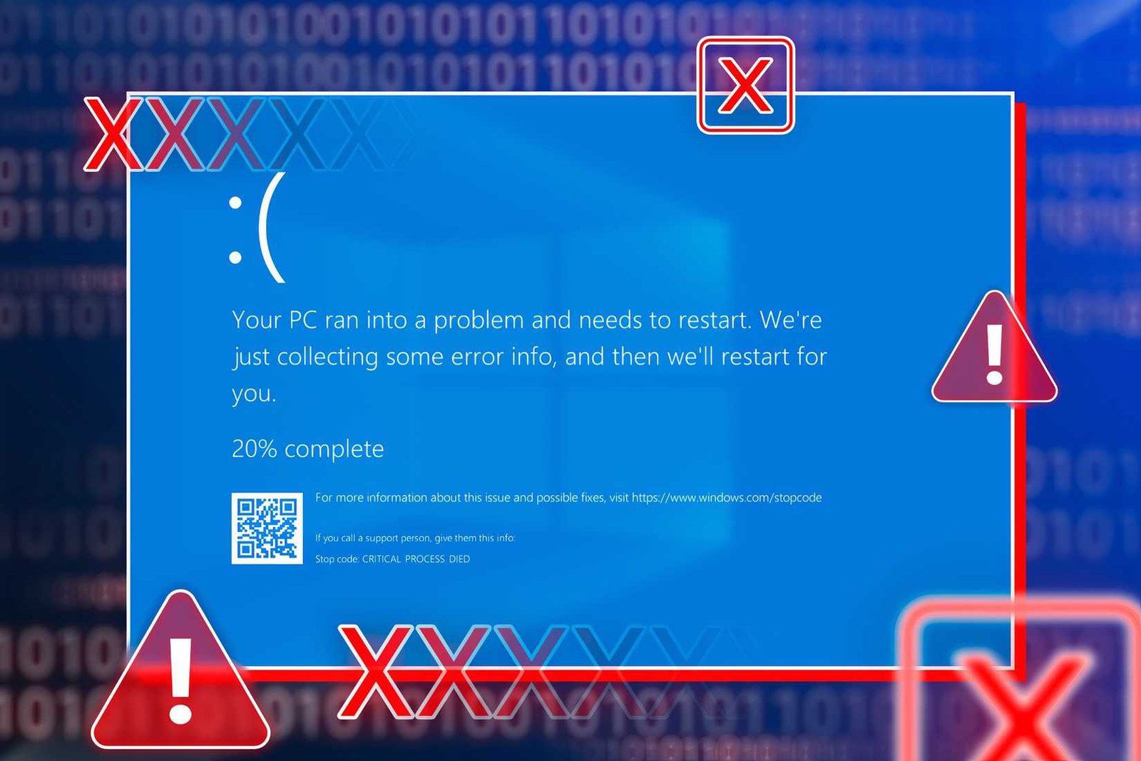 Écran bleu Windows de la mort avec des panneaux d'avertissement autour de lui et des codes binaires floues en arrière-plan.