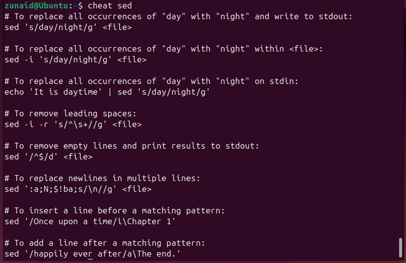 Une feuille de triche pour la commande SED affichée dans le terminal Linux.