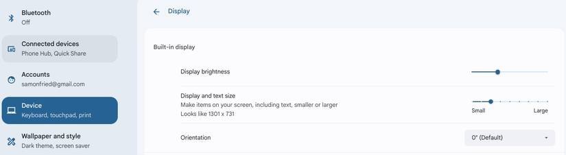 Modification du zoom d'affichage et de la taille du texte dans les paramètres de Chromebook.