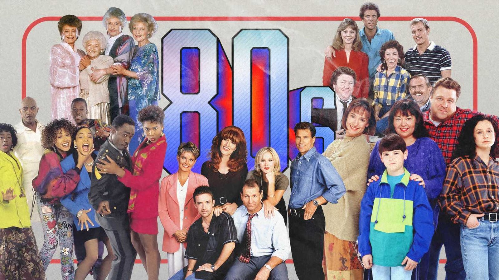 Collage avec des sitcoms classiques des années 1980 entourant le mot «80».