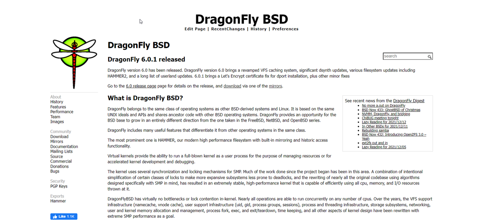 Le site Web de Dragonfly BSD.