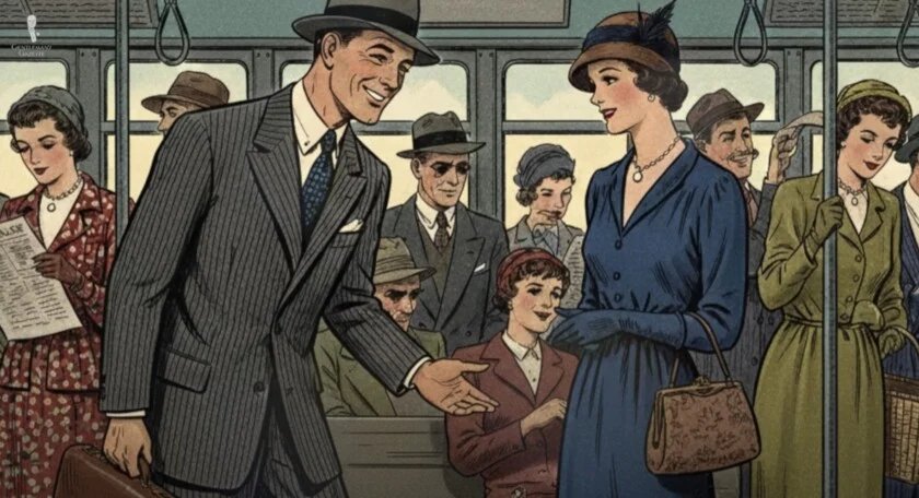 Une illustration vintage d'un gentleman offrant son siège à une dame dans un bus ou un train public bondé.