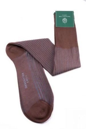 Chaussettes côtelées à rayures d'ombre marron clair et bleu Fil d'Ecosse Coton