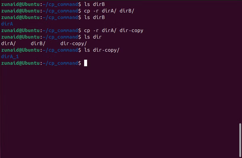 Copie d'un répertoire à l'aide de la commande CP dans Linux à l'aide de l'indicateur -r.