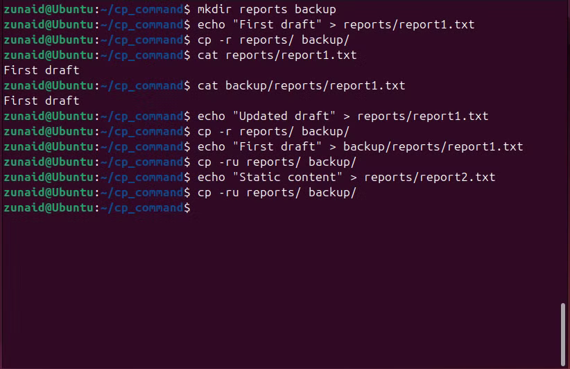 Une série de commandes pour démontrer l'indicateur -u fonctionne avec la commande CP sur Linux.