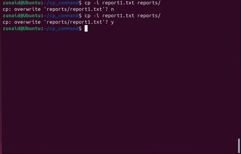 Copie d'un fichier à l'aide de la commande CP avec l'indicateur interactif pour protéger l'écrasement d'un fichier.