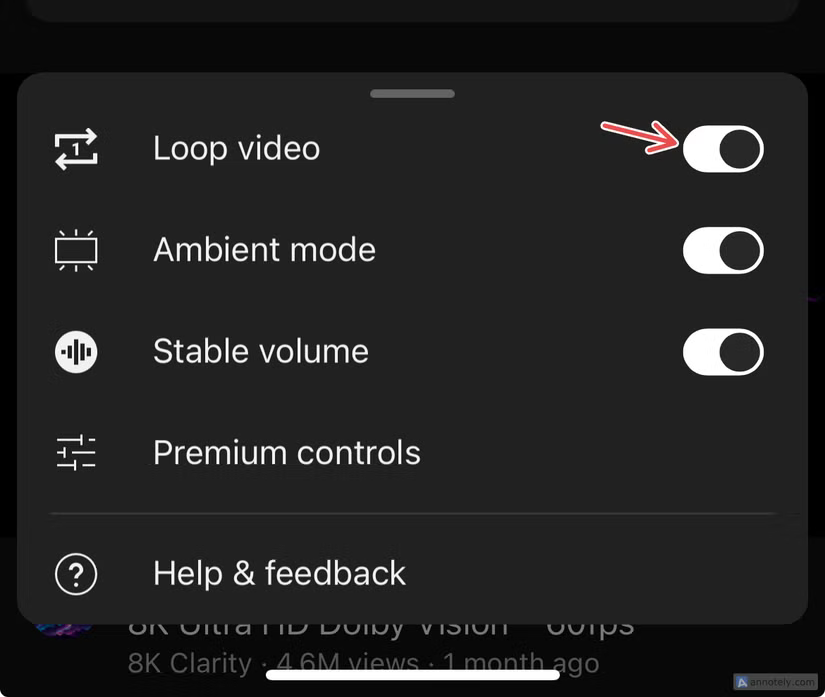 Option vidéo en boucle dans une vidéo YouTube.