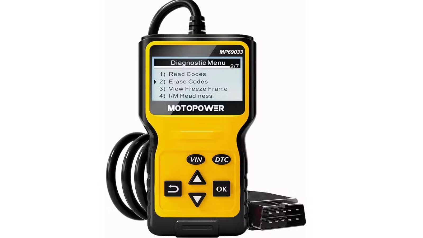 Scanner OBD2 avec fonctionnalités affichées à l'écran.