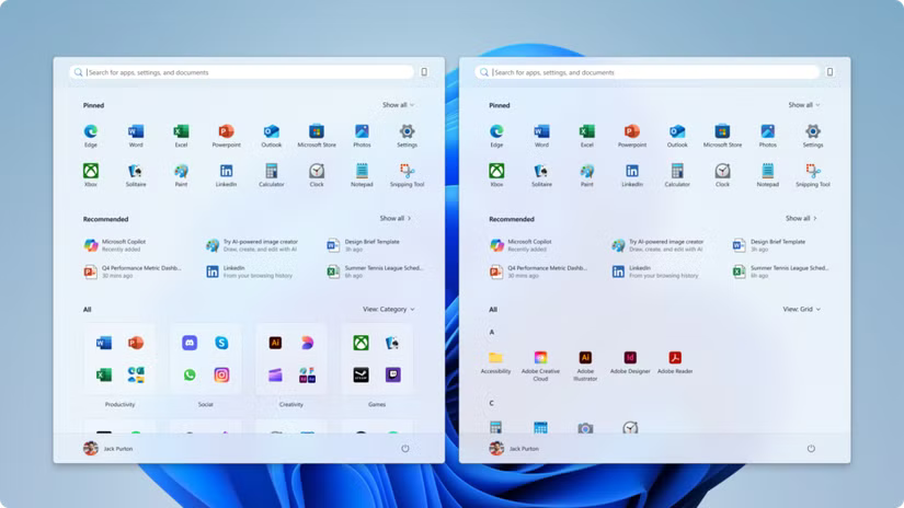 Le menu Démarrer mis à jour introduit 2 nouvelles façons d'afficher les applications installées : par catégorie et par grille.