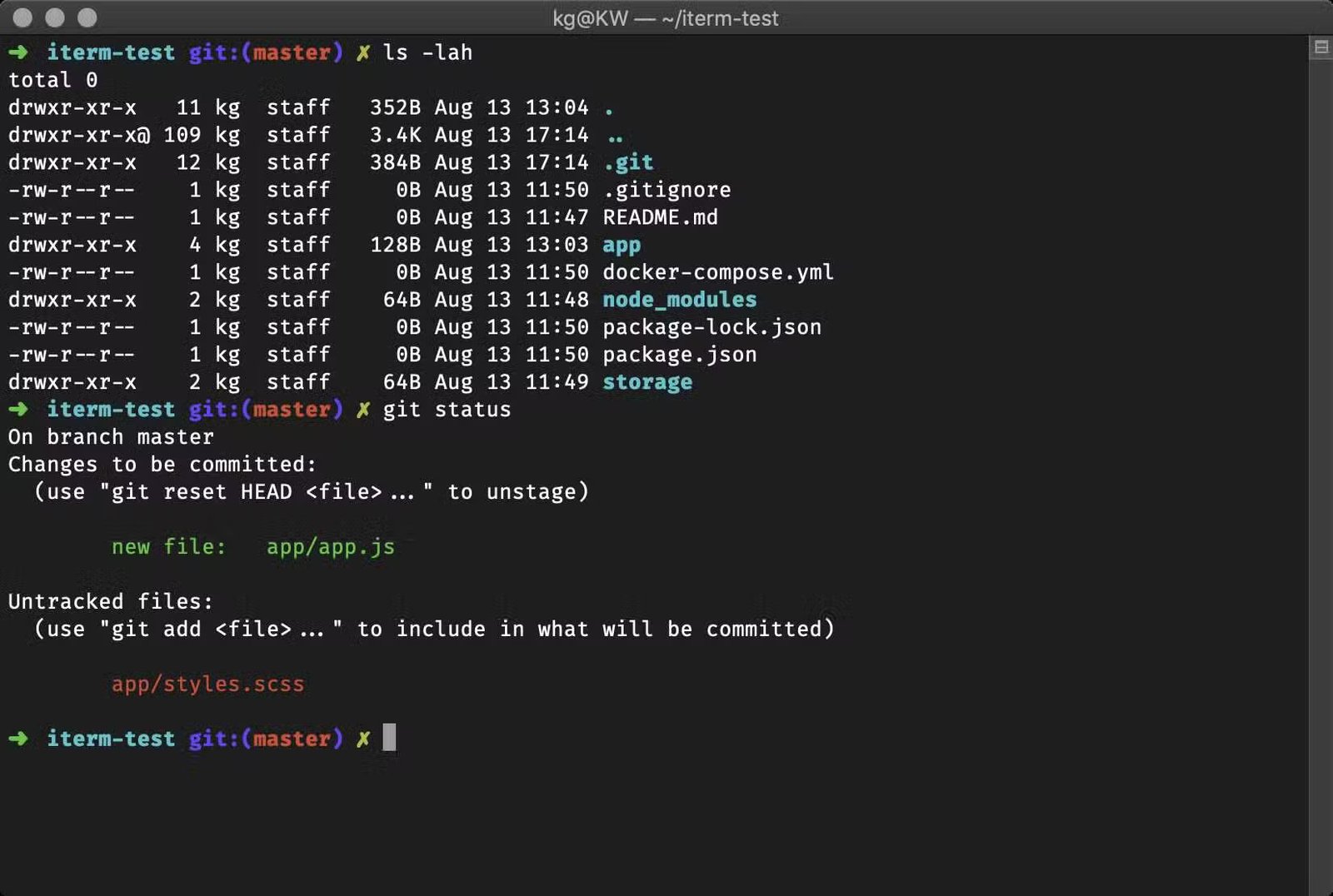 Oh My ZSH montrant un référentiel git dans un terminal.