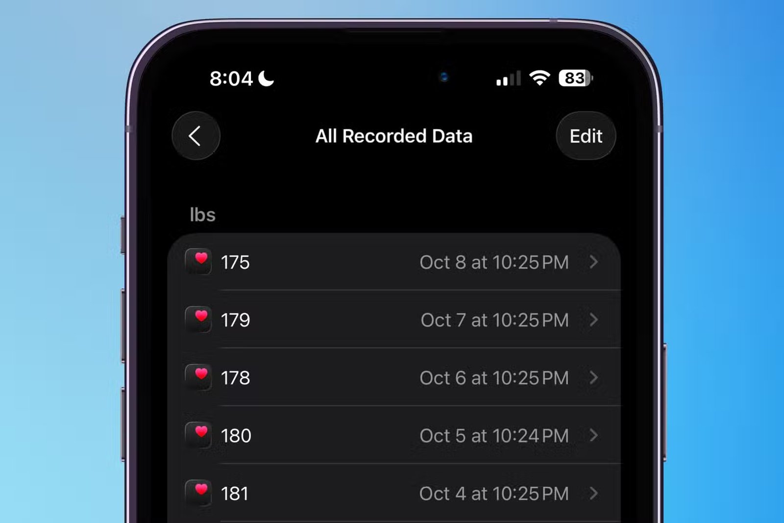 Voir toutes les données de poids enregistrées dans l'application Santé.