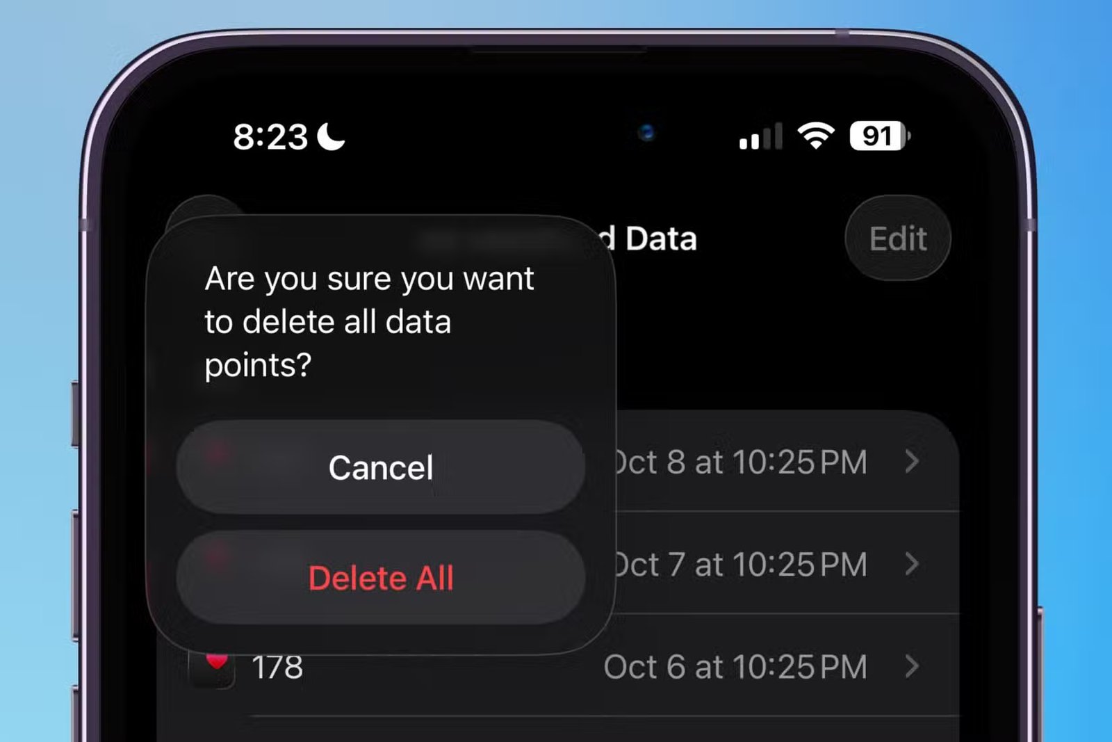 Confirmation de la suppression de toutes les entrées de poids dans l'application santé.