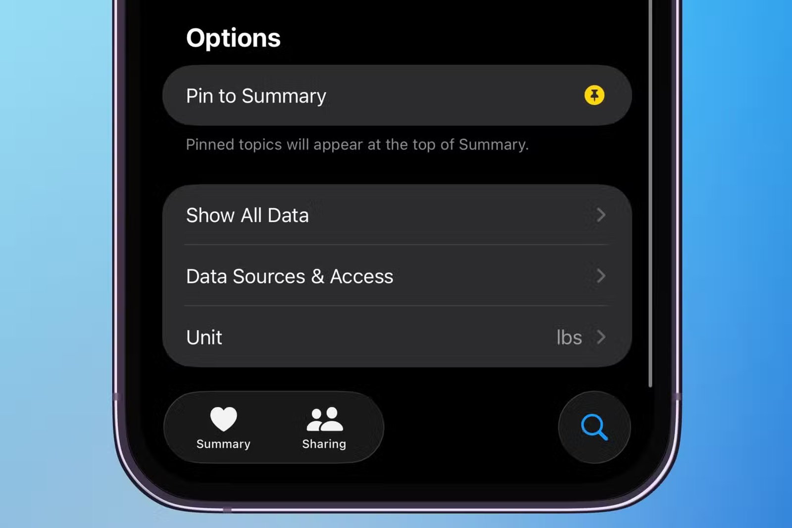 Possibilité d'épingler une section de santé sur la page Résumé de l'application Santé.