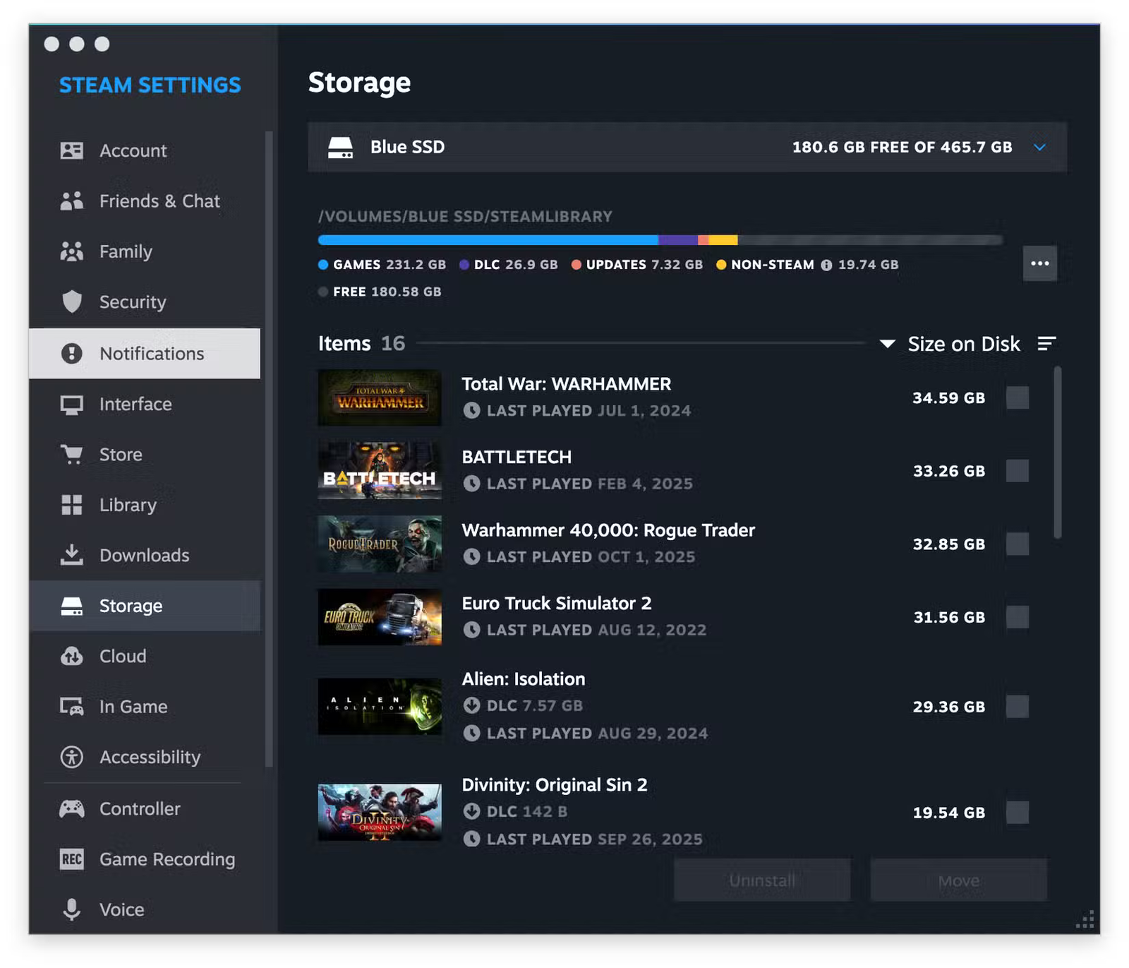 Stockage Steam affichant le contenu d'un SSD.