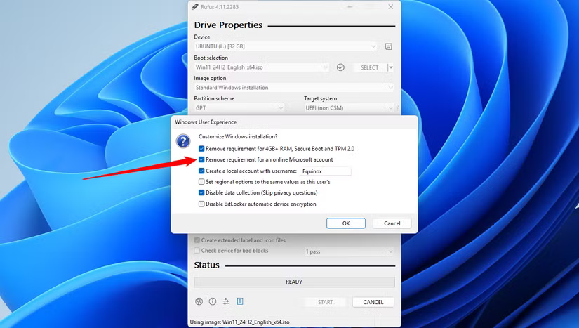 Cochez la case pour désactiver l'exigence de compte Microsoft.