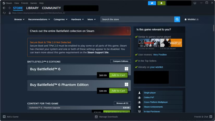 Battlefield 6 ne peut pas être joué sans TPM ou Safe Boot activé.
