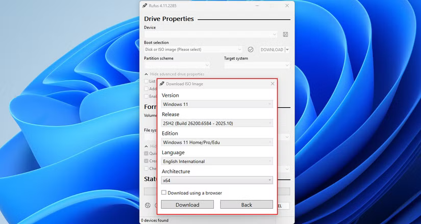 Les options de téléchargement de Windows 11 incluses dans Rufus.