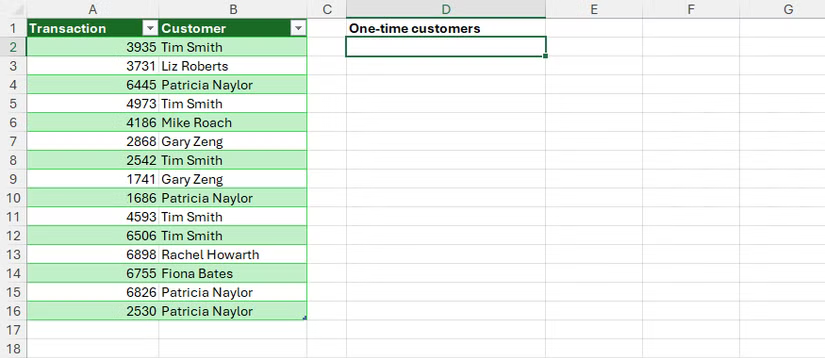 Un tableau Excel avec les ID de transaction dans la colonne A et les noms des clients dans la colonne B.