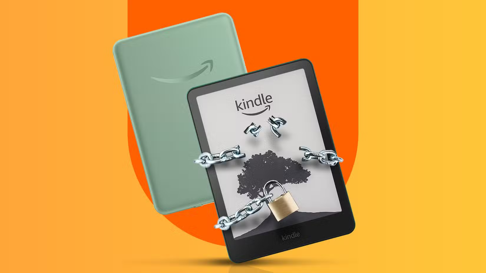Kindle lié par des chaînes brisées et un cadenas.