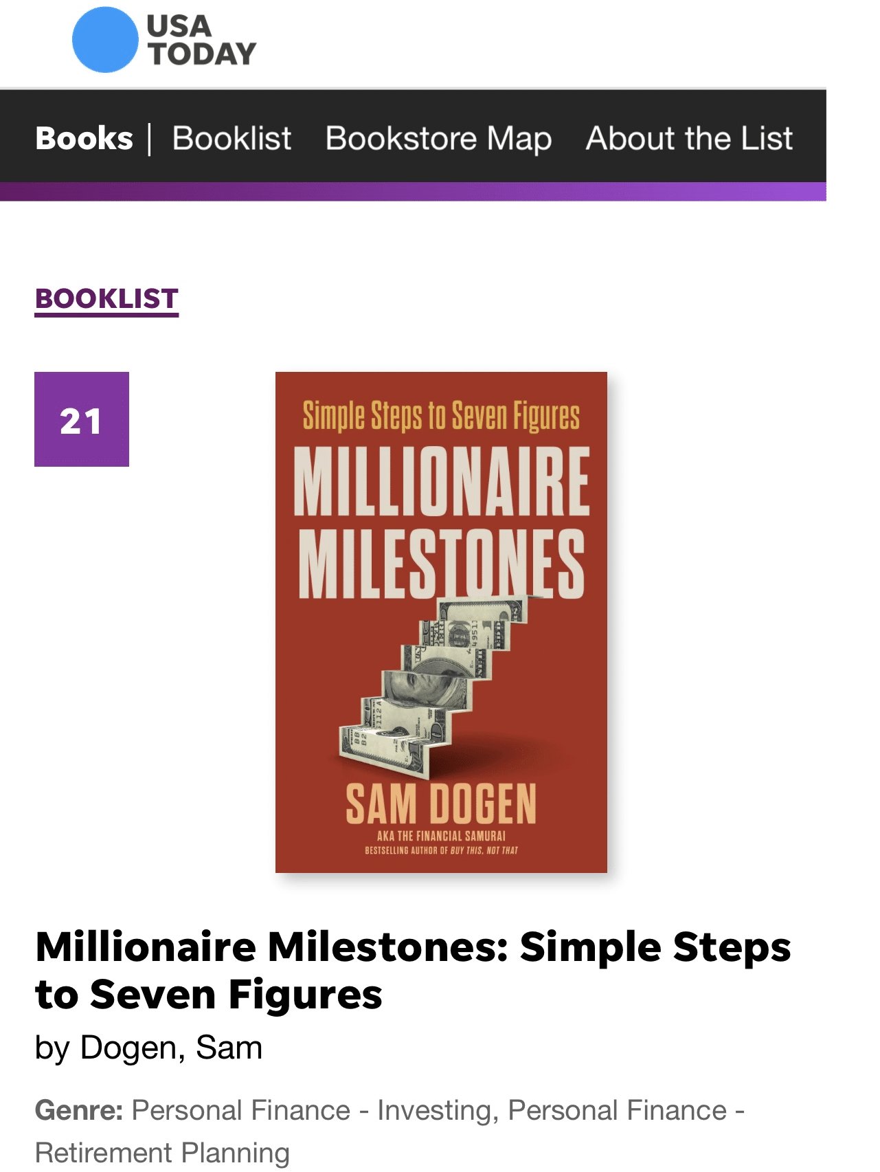 Millionaire Milestones, best-seller national USA TODAY par Sam Dogen