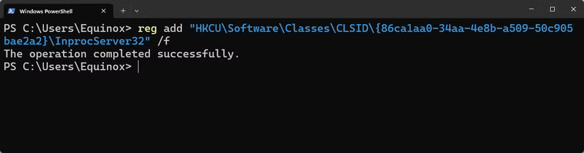 Ajout de la clé de registre qui modifie le menu contextuel du clic droit en celui de Windows 10. 