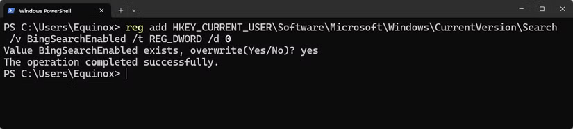 Désactivation de la recherche Bing dans Windows 11.