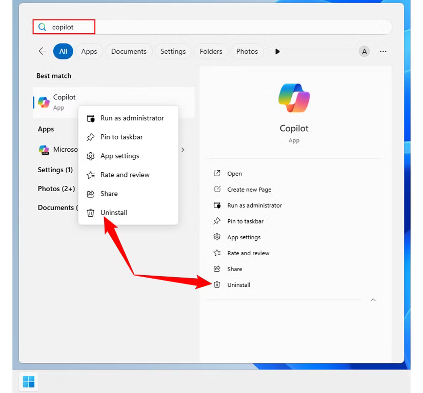 Désinstallation de Copilot de Windows 11.