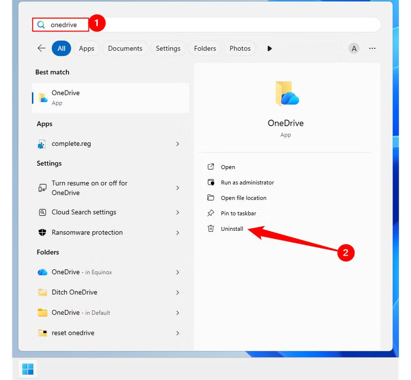Désinstallation de OneDrive de Windows 11.