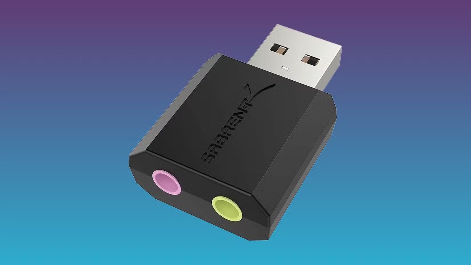 Une carte audio USB Sabrent sur fond bleu. 